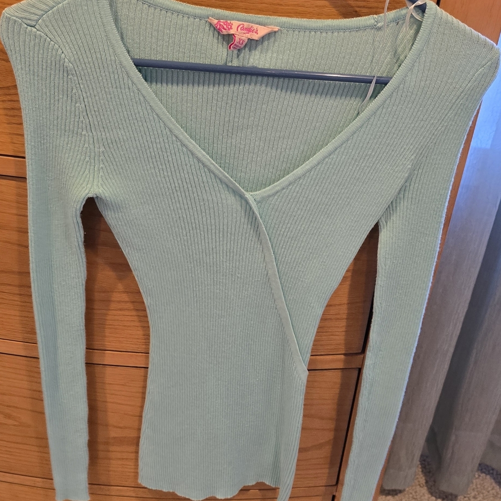 Candies' Long Sleeve Ribbed Faux-wrap Lightweight Sweater - Mint Green